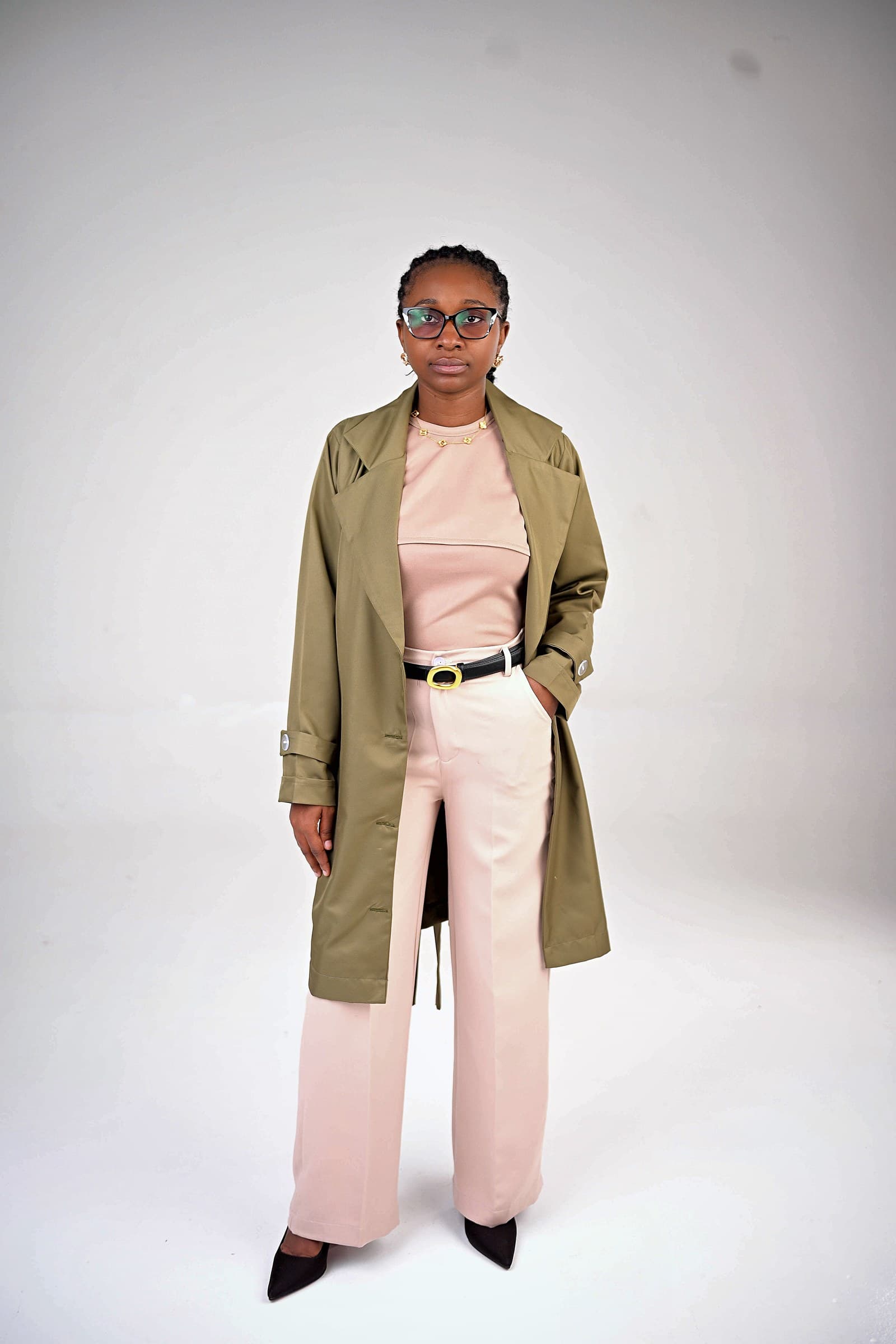 Olive trench with blush wide-leg trousers