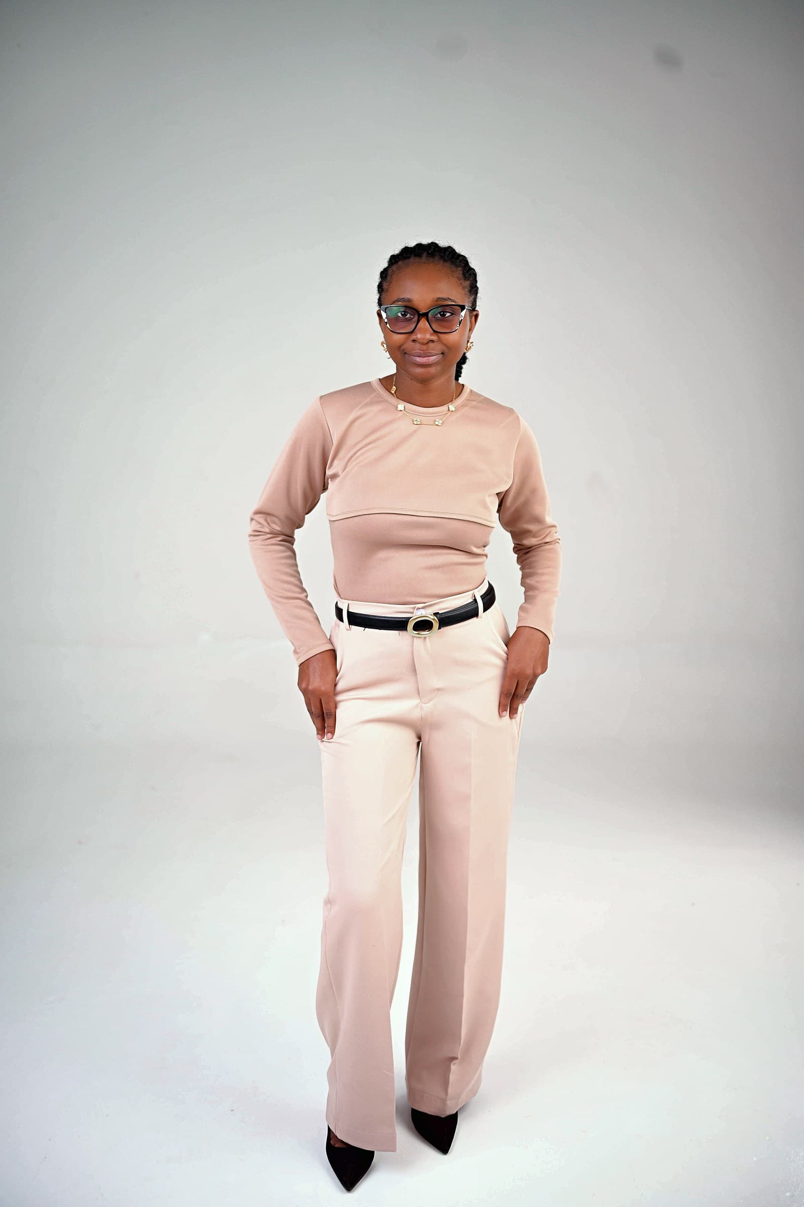 Blush top and blush wide-leg trousers