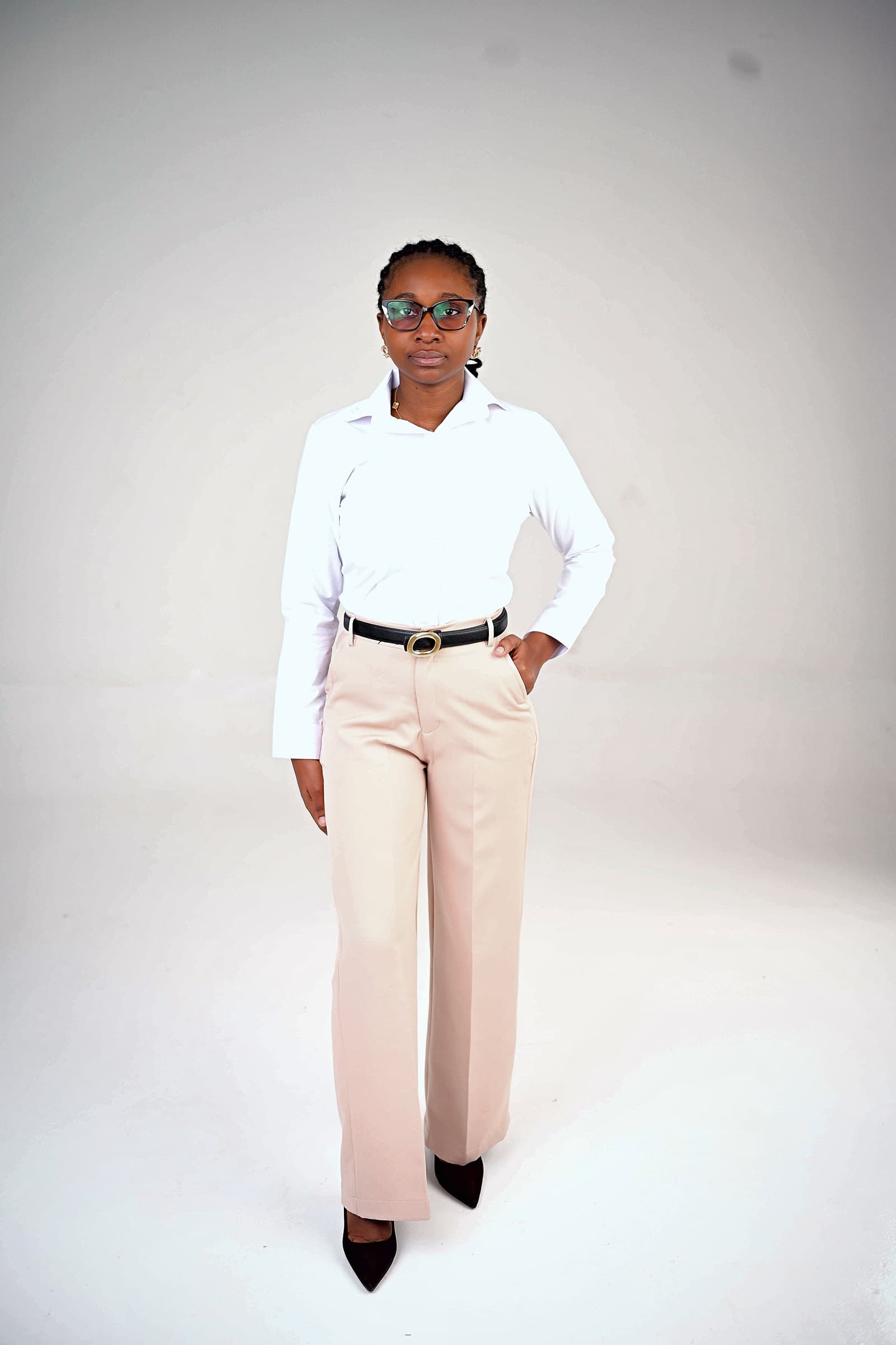 White shirt with blush wide-leg trousers