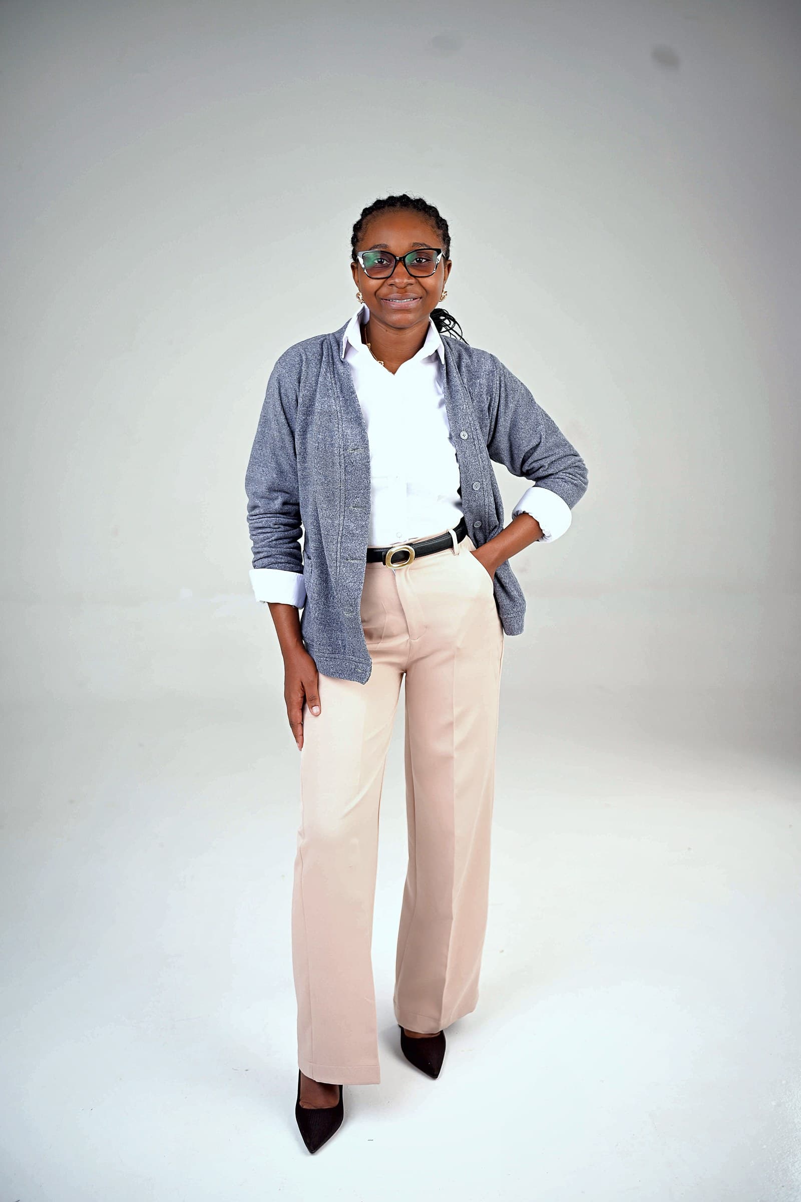 Blue cardigan, white shirt and blush trousers