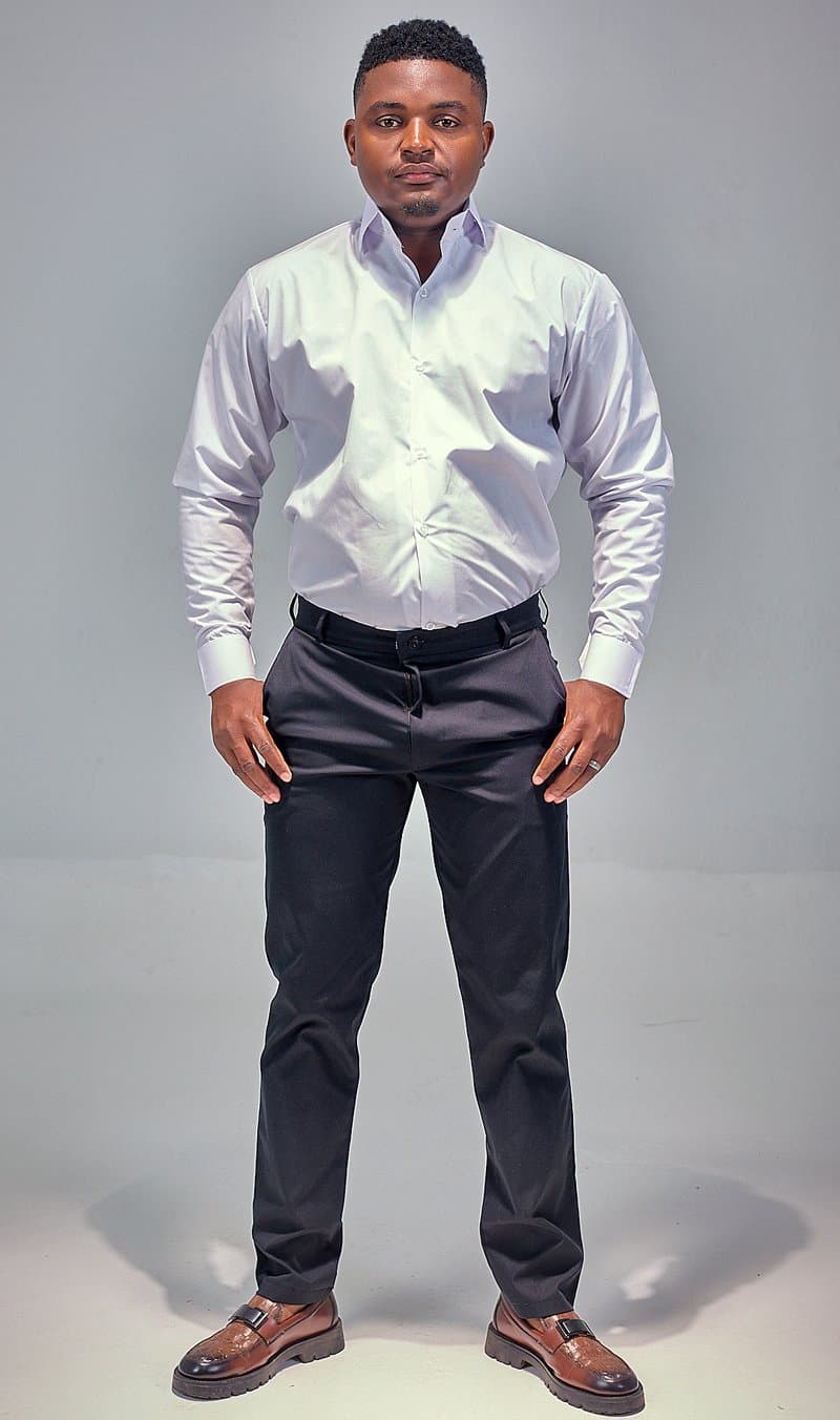 Black tailored trousers with white shirt