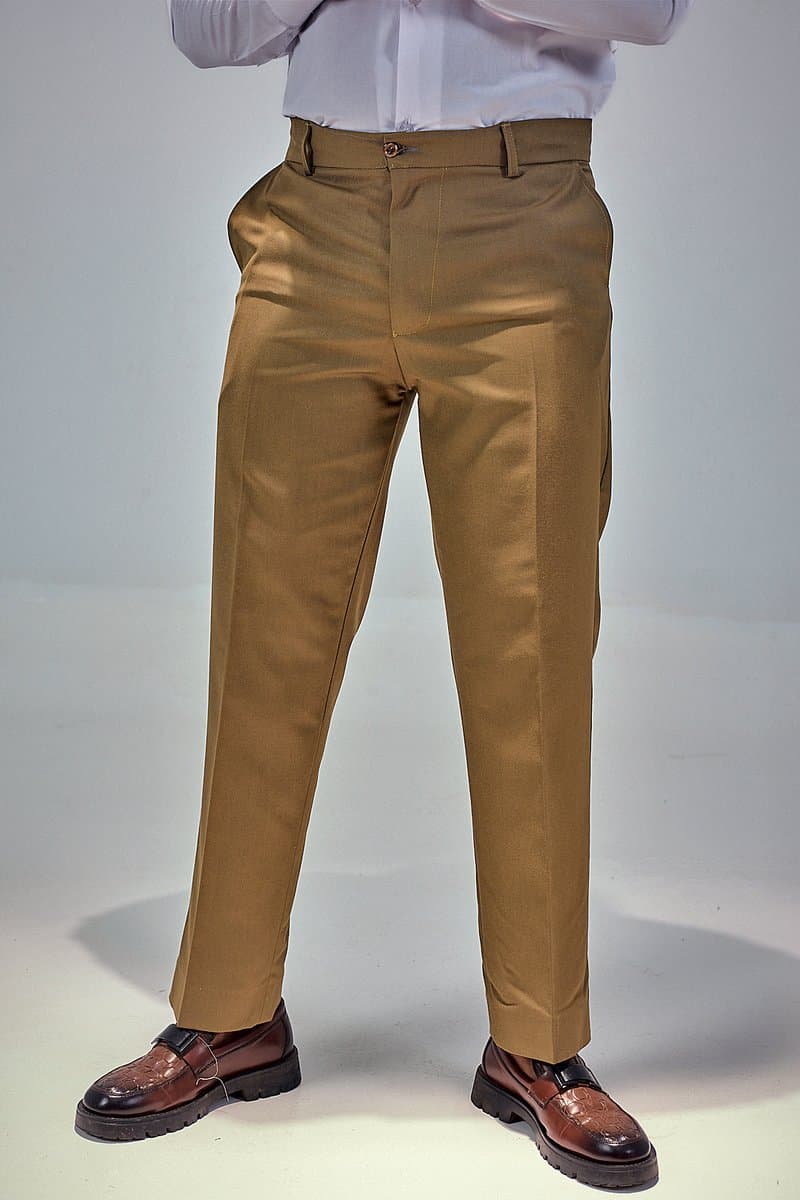 Bronze tailored trousers with white shirt