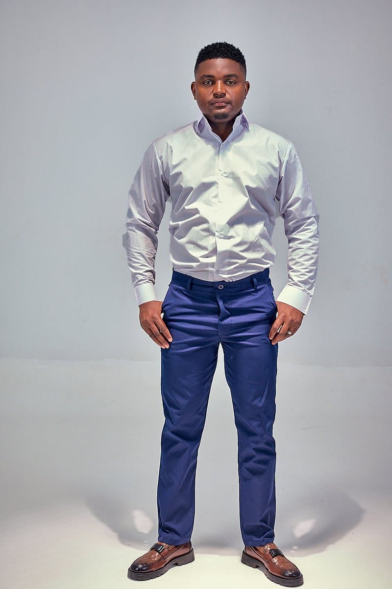Navy tailored trousers with white shirt