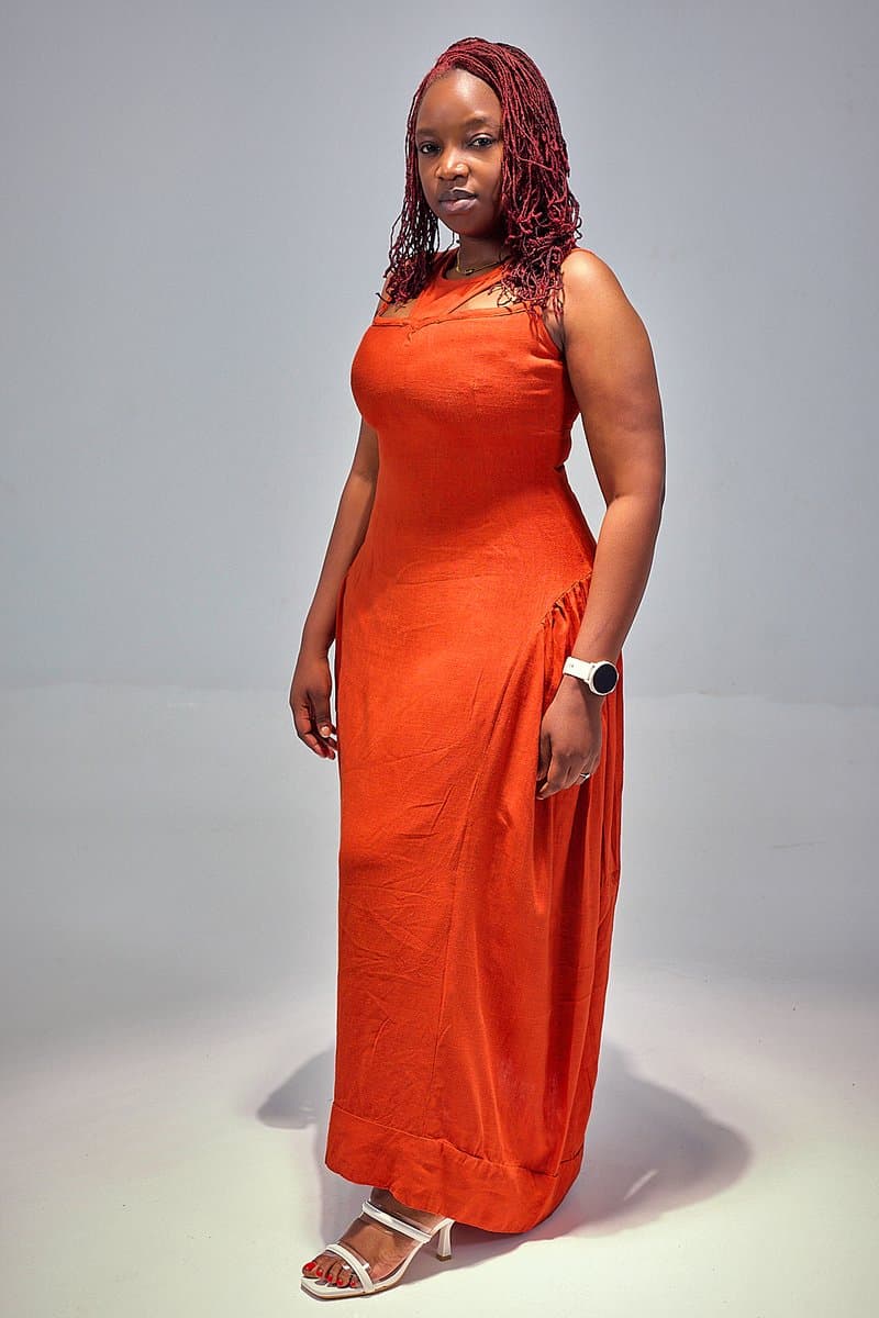 Burnt-orange sleeveless maxi dress