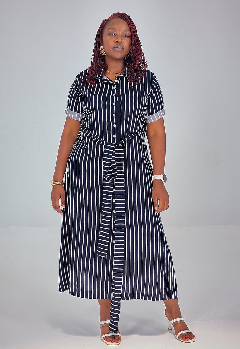 Navy pinstripe belted shirt dress